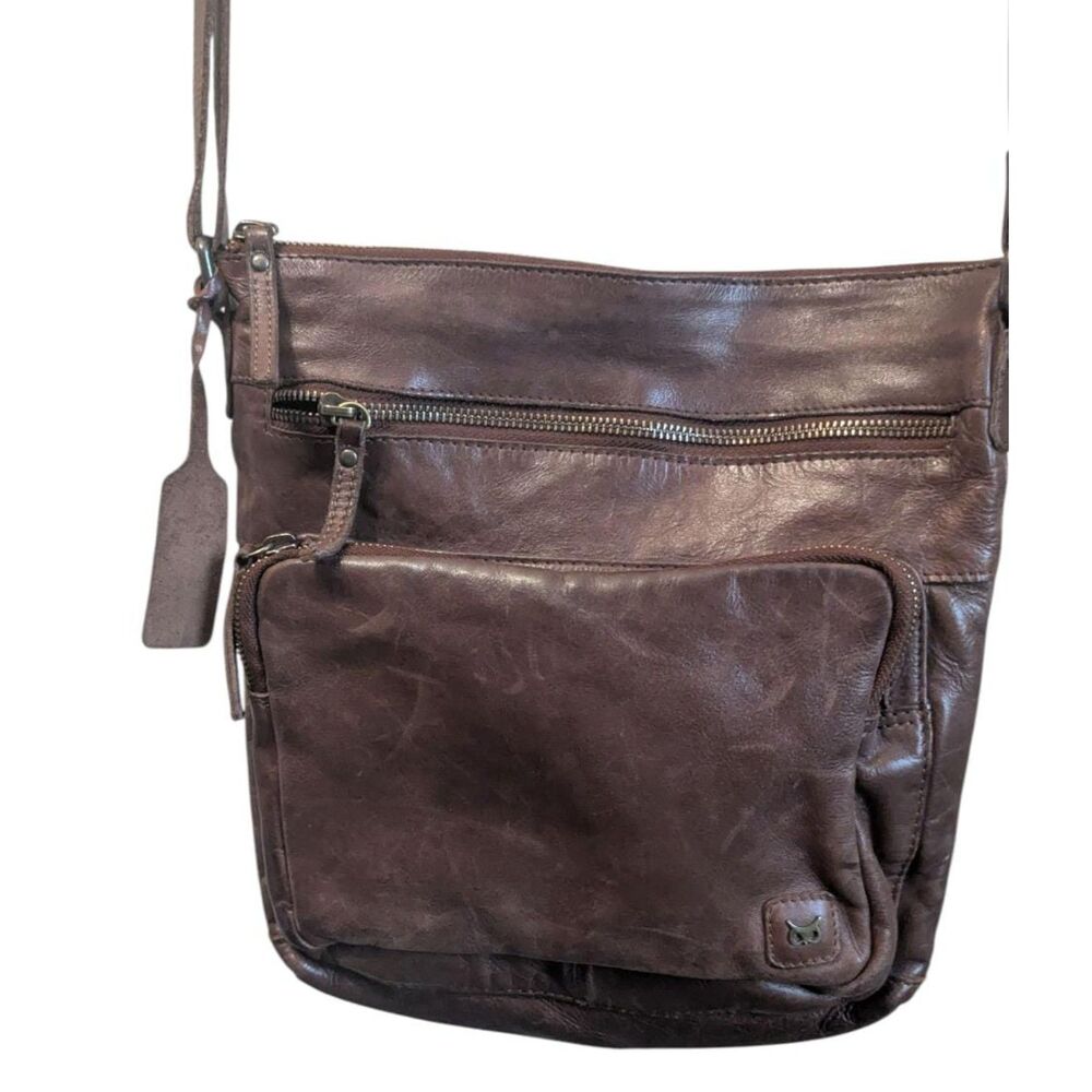Wise Owl Brown Leather Crossbody Bag Distressed Look Multi-Zip Hobo